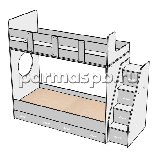 Кровать детская двухъярусная с лестницей ящиками